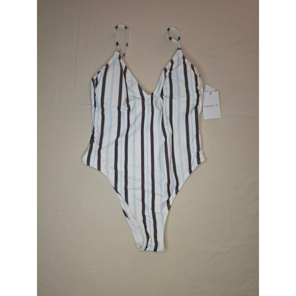Solid & Striped V-Neck One Piece Swimsuit Cream/Brown/Blue Medium NWT
